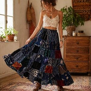 Patchwork Velvet Tiered Ruffle Midi Skirt Boho Cottagecore Artsy Vintage 90s